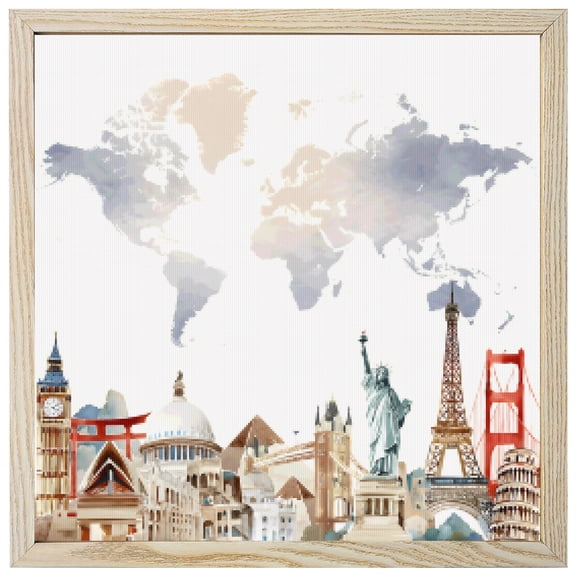 Diamond Painting Kits World Map 5D Diamond Painting Dots Gem Craft Framed Canvas Famous Building Tourism Landscape Full Drill Diamond Art Paintings for Living Room Wall Decor 12x12 Inch