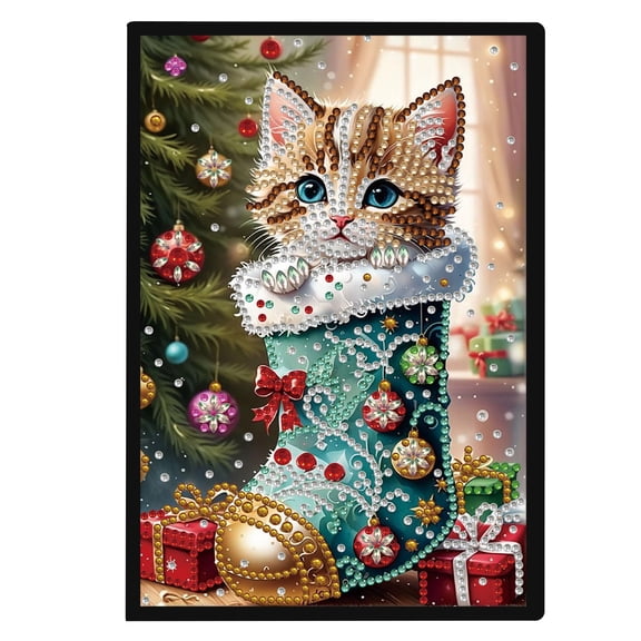 Diamond Painting Notebook Kit Christmas Stocking Cat DIY Art Craft Kit A5 Perfect Creative Gift Ideal for Painting, Writing, and Notebook Use