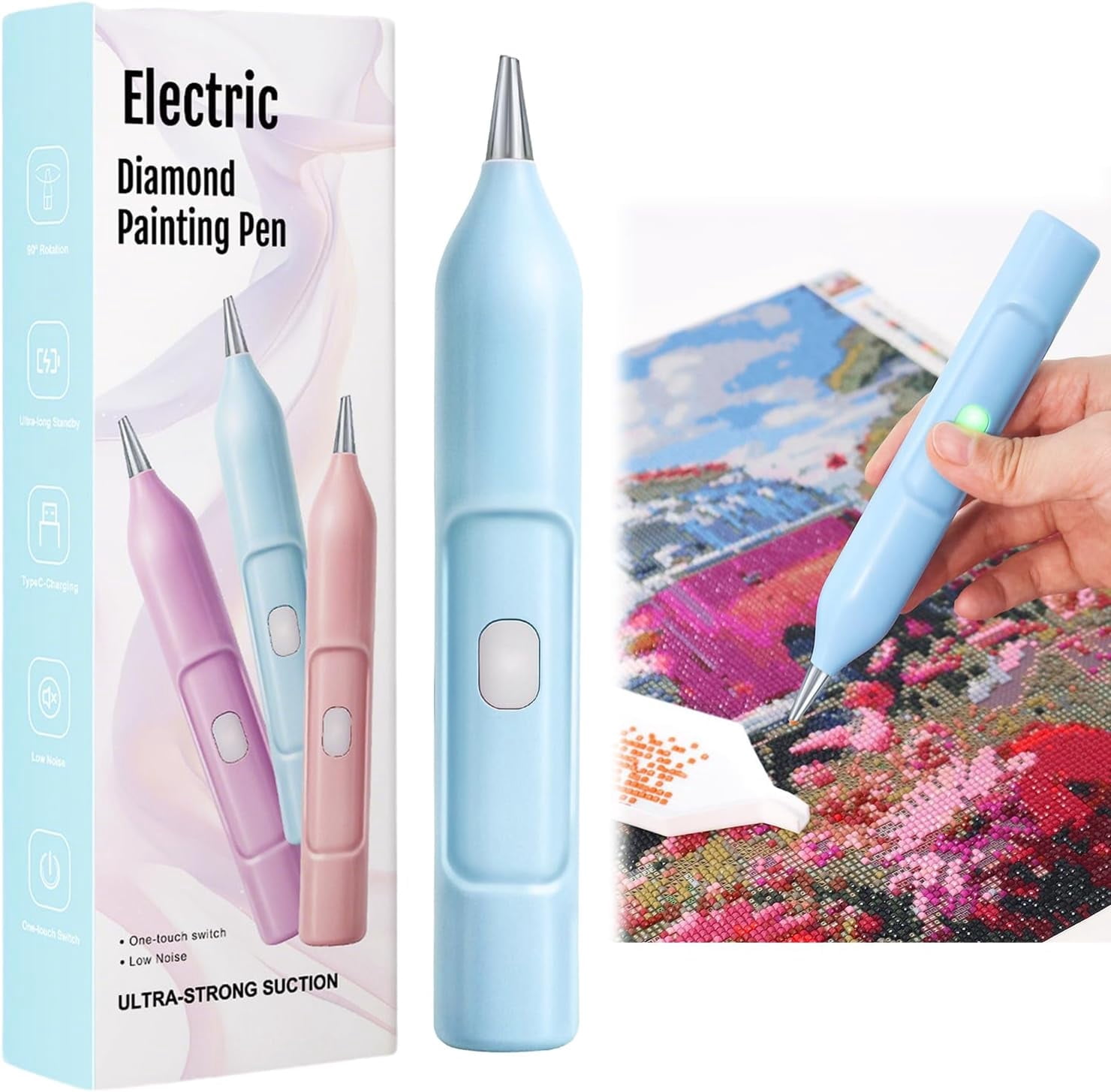 Diamond Painting Pen, Electric Diamond Painting Pen with Vacuum Technology, Diamond Art Vacuum Tools, Painter Vacuum Diamond Art Pen, Cordless, for DIY, Home Crafts & Holiday Gifts(Blue)