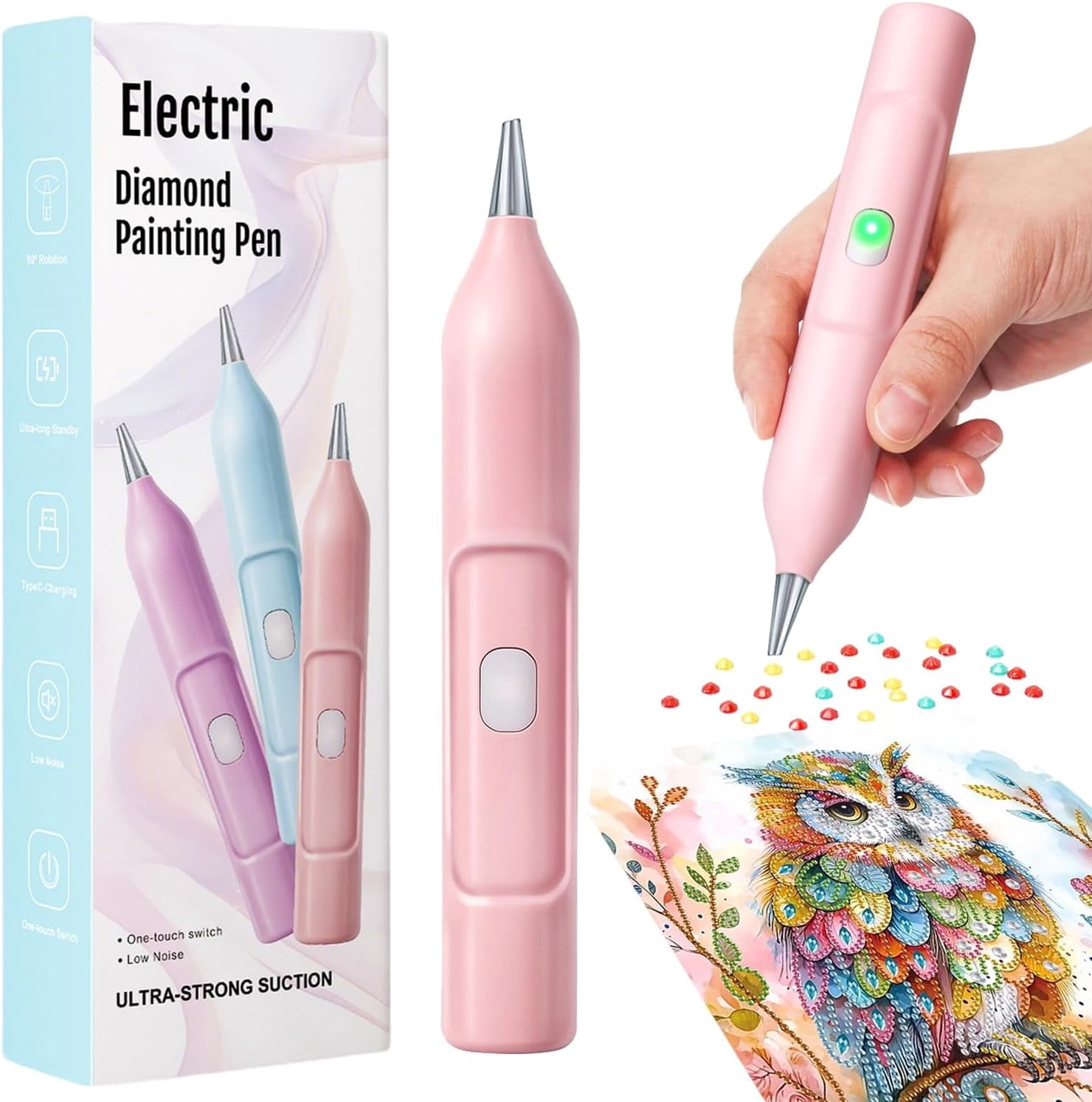 Diamond Painting Pen, Electric Diamond Painting Pen with Vacuum Technology, Diamond Art Vacuum Tools, Painter Vacuum Diamond Art Pen, Cordless, for DIY, Home Crafts & Holiday Gifts(Pink)