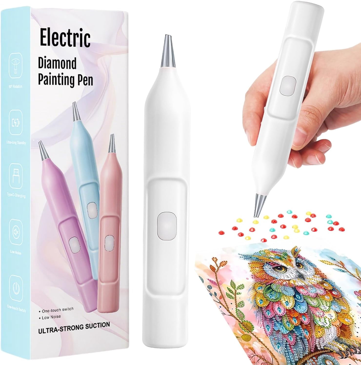 Diamond Painting Pen, Electric Diamond Painting Pen with Vacuum Technology, Diamond Art Vacuum Tools, Painter Vacuum Diamond Art Pen, Cordless, for DIY, Home Crafts & Holiday Gifts(White)