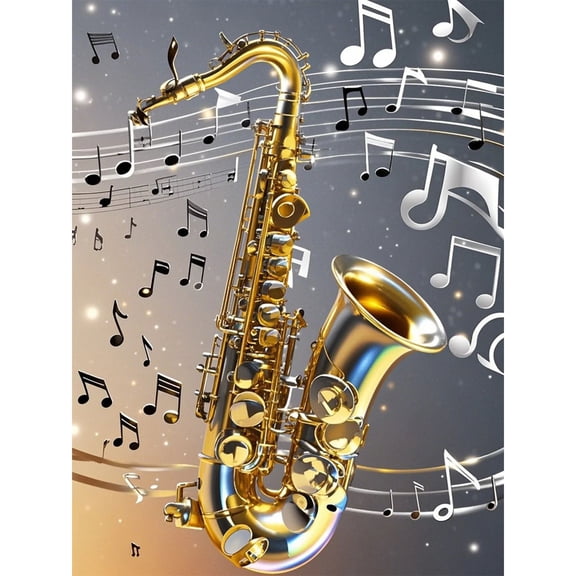 Diamond Painting Saxophone with Music Notes 5D Diamond Art DIY Kits Full Round Drill Beads by Number Mosaic Embroidery Arts and Crafts for Living Room Home Wall Decor 12x16 inch / 30x40cm