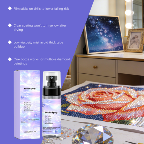 Diamond Painting Sealer Spray, Quick Dry Diamond Art Sealer 80ml, Fine Mist No Brush Needed, Strong Hold Clear Finish for Crafters, Plastic Bottle