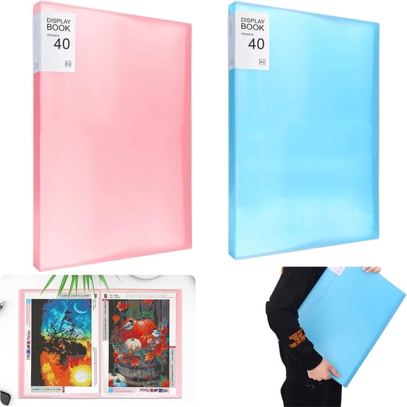 Diamond Painting Storage Book- 2Pcs A3 40 Pages Presentation Book Waterproof Transparent Cover Photo Album Book Diamond Drawing Holder,Painting Storage Book,Presentation Project Folder (Blue + Pink)