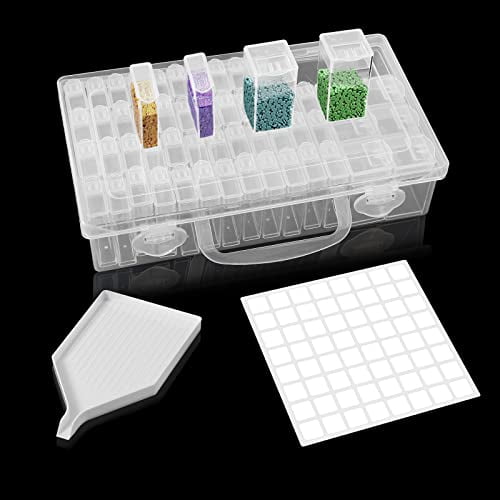 Diamond Painting Storage Containers: 56 Girds Diamond Painting Accessories with 64 Label Stickers and Seed Tray,Transparent Clear Beads Organizer(Diamond Art Storage Box)
