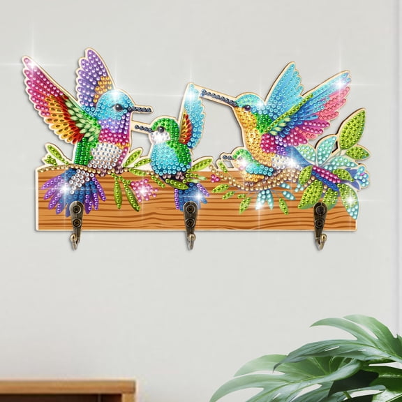 Diamond Painting Wall Hooks, DIY Colorful Hummingbirds Coat Hooks Wall Mounted, Wooden Coat Rack with 3 Metal Hooks, Diamond Art Decorative Hooks for Entryway