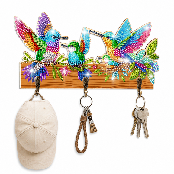 TSV Diamond Painting Wall Hooks, DIY Hummingbird Rhinestone Art Kit with 3 Metal Hooks, Wall-Mounted Key Holder for Keys, Hats and Entryway Decor