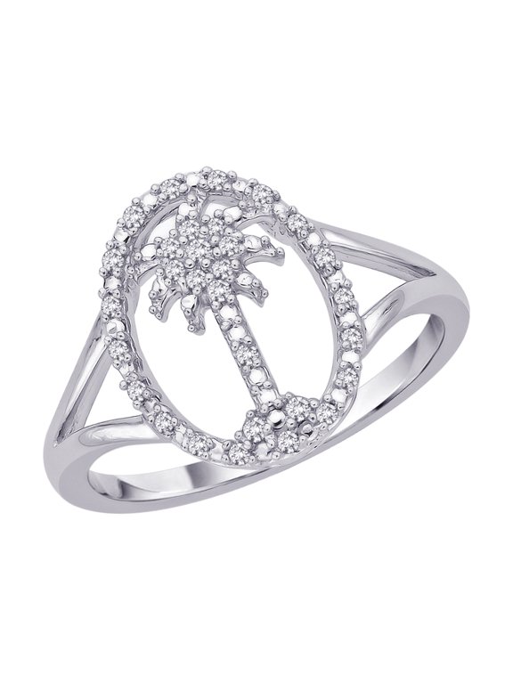 Diamond "Palm Tree" in Oval Ring in 10K White Gold (1/8 cttw)