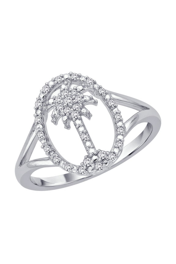 Diamond "Palm Tree" in Oval Ring in 10K White Gold (1/8 cttw)