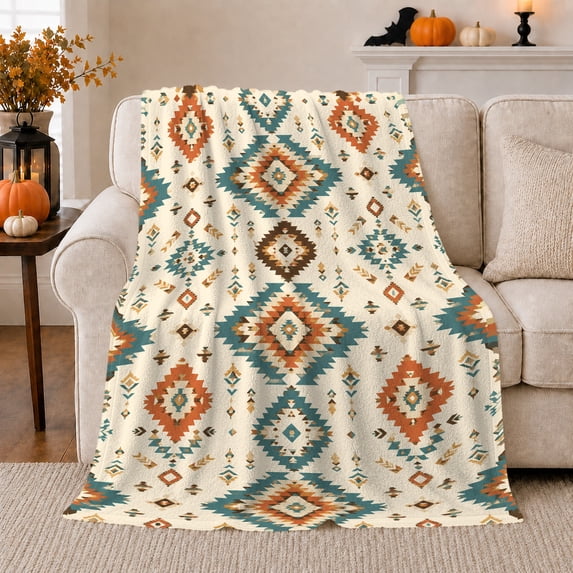 Diamond Pattern on Cream, Rustic Boho Geometric Style for Pattern Lovers, Teal Brown Stripe Motif and Housewarming Gift, Soft Flannel Blanket for Living Room and Reading Nook, Colorful Home Decor