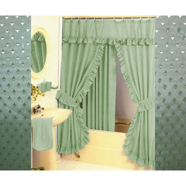 Diamond Pattern Fabric Double Swag Shower Curtain Set Tiebacks Hooks Green  Sage