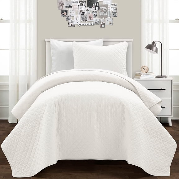 Diamond Pattern Solid 3 Piece Oversized Bedding Quilt Blanket Bedspread Set - King - White
