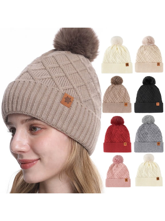 Diamond Pattern Women Knit Beanie Faux Fur Pom Pom Winter Hat Warm Cuffed Cap