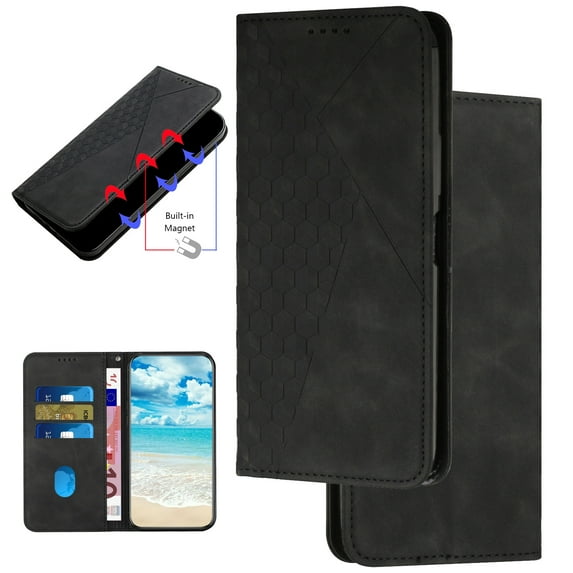 Diamond Patterned Case for Motorola Edge (2025),Vintage PU Leather + TPU Inner Wallet Case [RFID Blocking][Card Holder/Cash Slots][Kickstand] Magnetic Closure Shockproof Flip Folio Case,Black