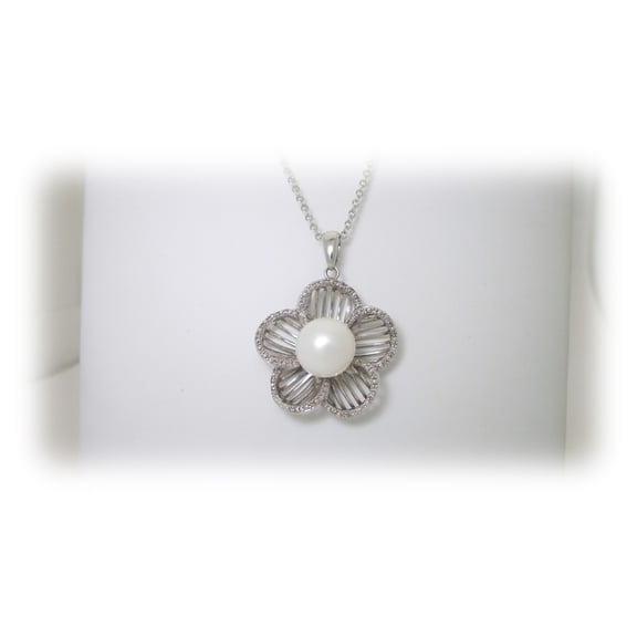 Diamond Pearl Flower Necklace Natural 8.4 mm Solid Sterling Silver Size 19"