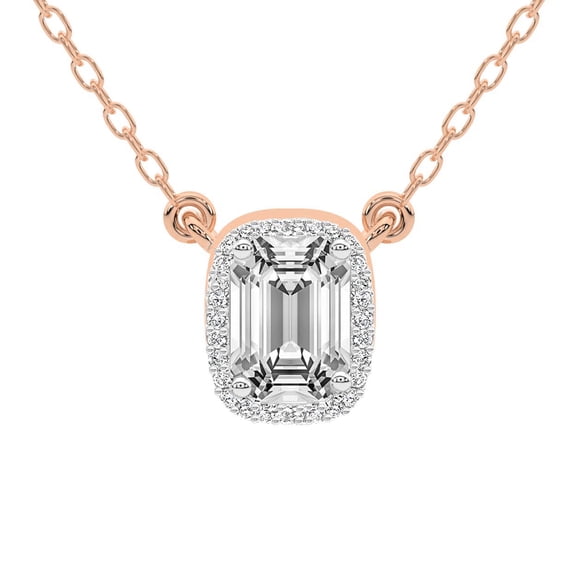 Diamond Pendant Necklace For Women | 0.75 Carat IGI Certified Emerald Shape Lab Grown Diamond | Flaire Halo Lab Diamond Pendant Necklace 18K Rose Gold | FG-VS1-VS2 Quality Friendly Diamonds