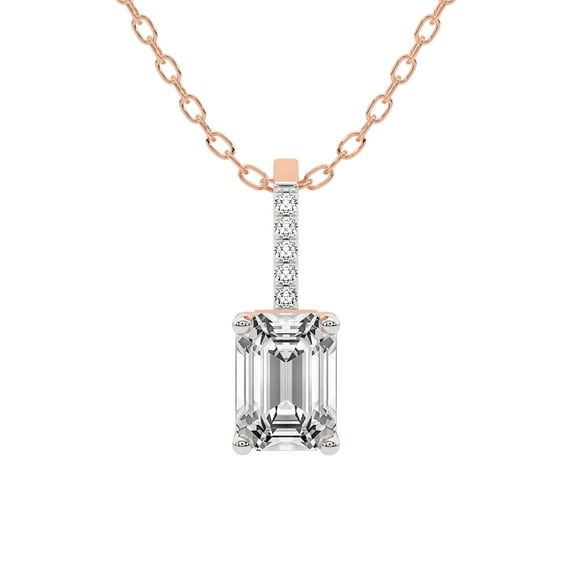 Diamond Pendant Necklace For Women | 1 Carat IGI Certified Emerald Shape Lab Grown Diamond | Lucida Four Prong Lab Diamond Pendant Necklace In 14K Rose Gold | FG-VS1-VS2 Quality Friendly Diamonds