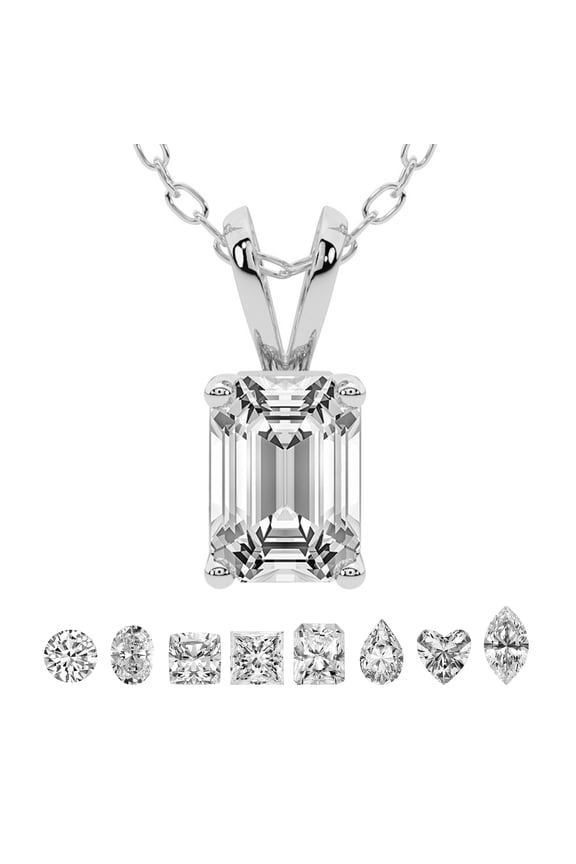 Lab Grown Diamond Pendant Necklace For Women | 1 Carat IGI Certified Emerald Shape FG-VS | Solitaire Pendant Necklace 14K White Gold | Quartze Split Bail