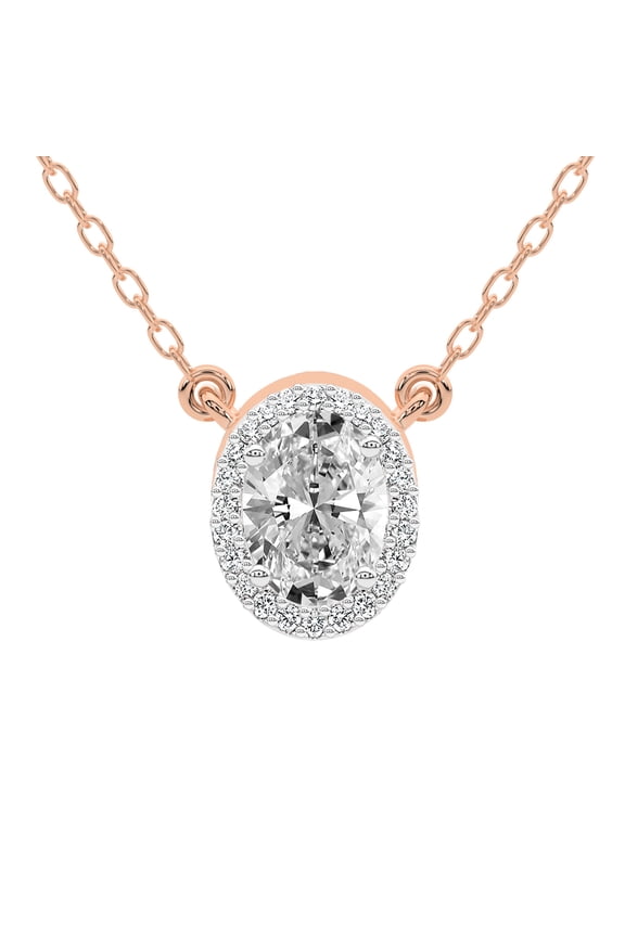 Diamond Pendant Necklace For Women | 1 Carat IGI Certified Oval Shape Lab Grown Diamond | Flaire Halo Lab Diamond Pendant Necklace 14K Rose Gold | FG-VS1-VS2 Quality Friendly Diamonds