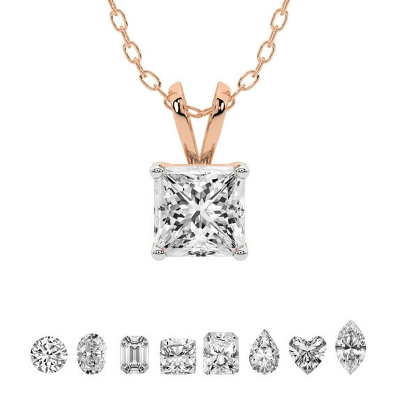 Lab Grown Diamond Pendant Necklace For Women | 2 Carat IGI Certified Princess Shape FG-VS | Solitaire Pendant Necklace 14K Rose Gold | Quartze Split Bail