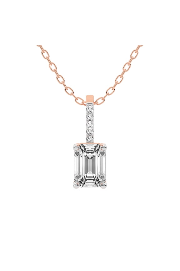 Diamond Pendant Necklace For Women | 2 ct IGI Certified Emerald Shape | Lucida Four Prong Lab Diamond Pendant Necklace In 14K Rose Gold | FG-VS1-VS2 Quality Friendly Diamonds