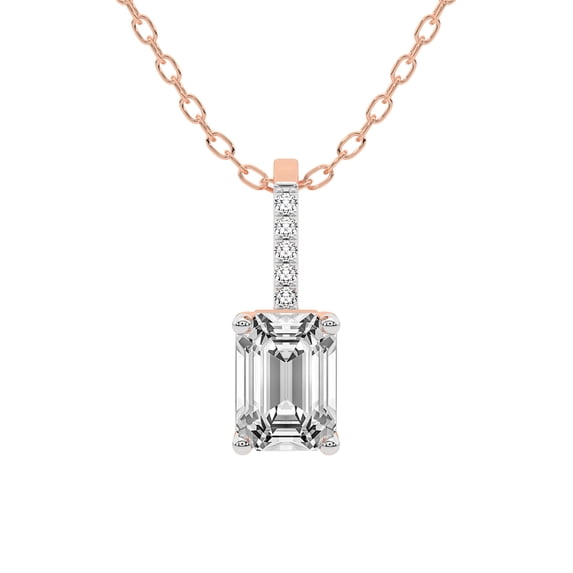 Diamond Pendant Necklace For Women | 3 Carat IGI Certified Emerald Shape Lab Grown Diamond | Lucida Four Prong Lab Diamond Pendant Necklace In 18K Rose Gold | FG-VS1-VS2 Quality Friendly Diamonds