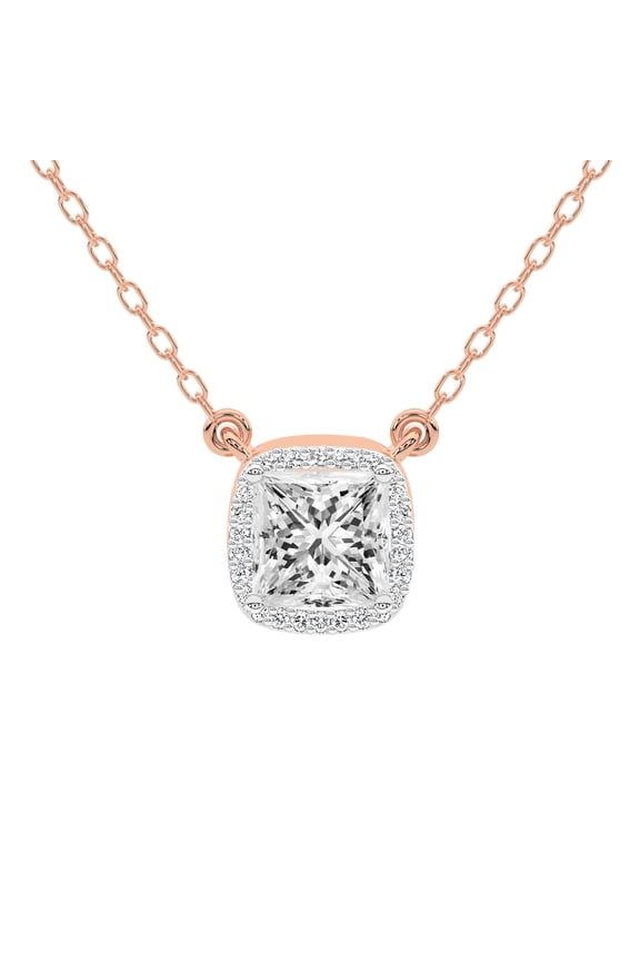 Diamond Pendant Necklace For Women | 3 Carat IGI Certified Princess Shape Lab Grown Diamond | Flaire Halo Lab Diamond Pendant Necklace In 14K Rose Gold | FG-VS1-VS2 Quality Friendly Diamonds