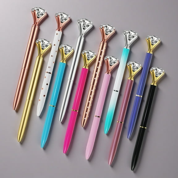 Diamond Pens Fun Fancy Crystal Diamond Pen For Women, Bling Metal Pens, Black Ink, 12 Count(Mixed Colors)