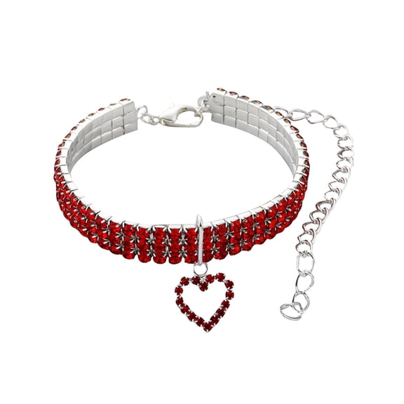 Diamond Pet Collar,Three-row Elastic Pet Necklace Love Pendant Chain Cat Dog Collar Pet Supplies Small Dog Accessories(20CM+5CM,Red)