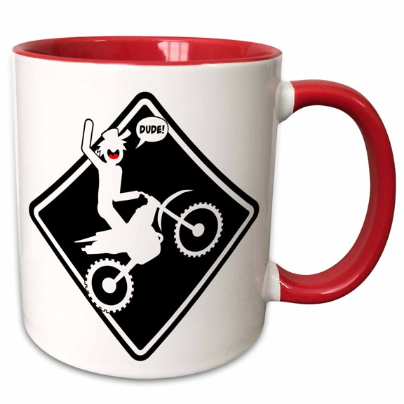 3drose, Diamond Placard Sign with a Stickman Riding Wheelies on a Dirt Bike, 11oz Two-tone Red Mug
