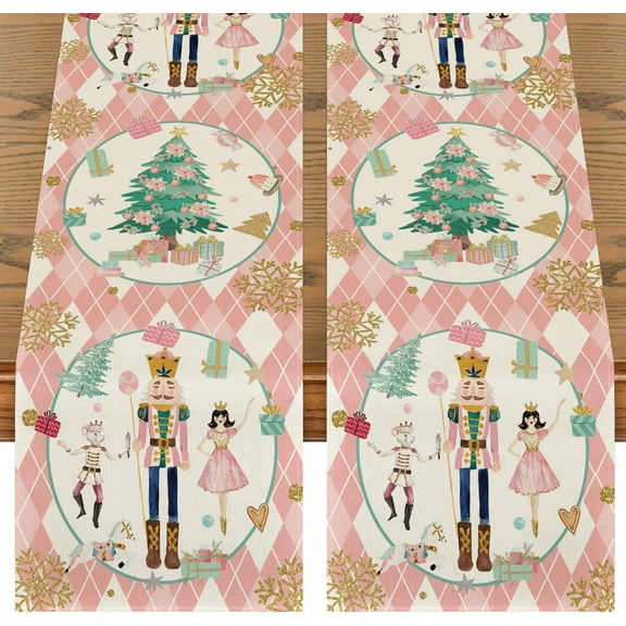 Diamond Plaid Nutcracker Snowflake Christmas Table Runner, Winter Kitchen Dining Table Decoration for Home Party Decor 13x72 Inch