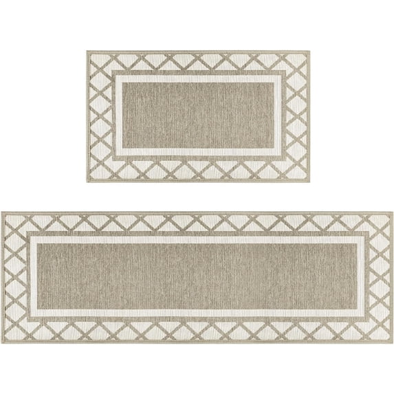 Diamond Plaid Washable Absorbent Kitchen Mats Set of 2, Kitchen Rugs for Floor Hallway Laundry Room Front of Sink Beige Grey - 17x29 and 17x47 Inch
