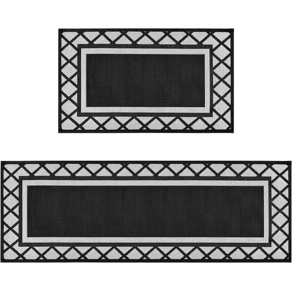 Diamond Plaid Washable Absorbent Kitchen Mats Set of 2, Kitchen Rugs for Floor Hallway Laundry Room Front of Sink Black - 17x29 and 17x47 Inch