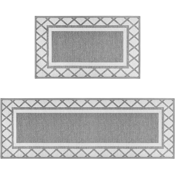 Diamond Plaid Washable Absorbent Kitchen Mats Set of 2, Kitchen Rugs for Floor Hallway Laundry Room Front of Sink Grey - 17x29 and 17x47 Inch