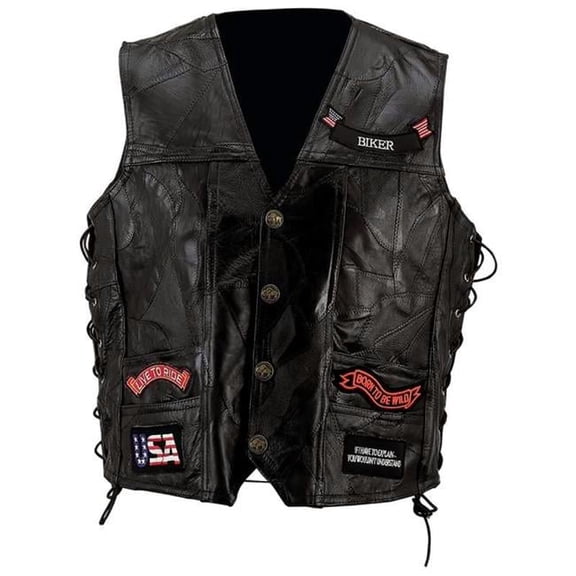Diamond Plate  Diamond Plate Rock Pattern Black Buffalo Leather Vest with Patches - Size 3X