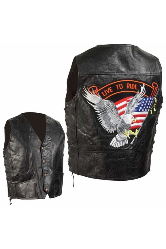 Genuine Leather Biker Vest Hand-Sewn Pebble Grain LIVE TO RIDE Eagle patch