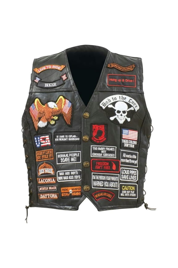 Rock Design Genuine Buffalo Leather Biker Vest with 42 Patches