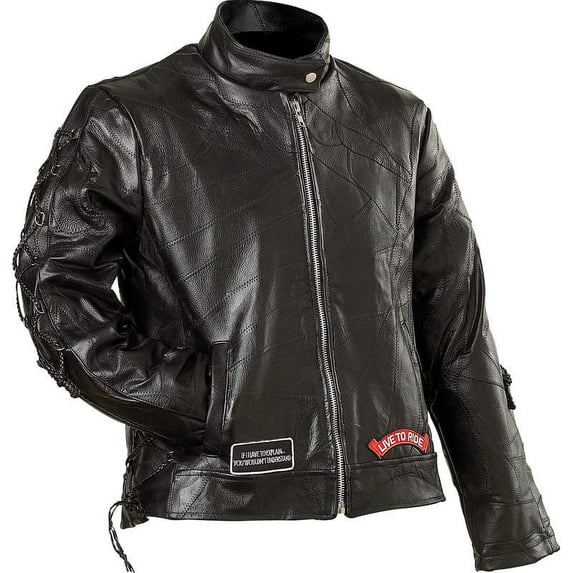 WOMENS SMALL Black Leather Motorcycle Jacket with Embroidered Patches