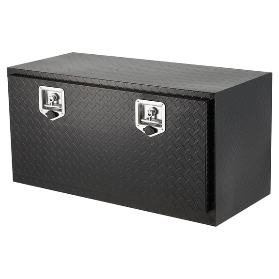 Diamond Plate, T-Handle Lock & Waterproof Storage, Includes Side Handles, Chains & Net Bag for Pickup, RV, Trailer – Black, 36"x18"x17"