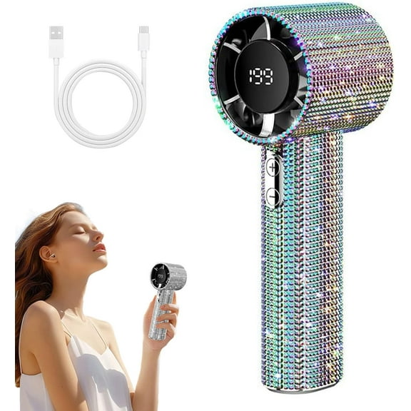 Diamond Portable Fan, 199 Gear Wind, Mini Rhinestone Fan Portable Usb Charging with Digital Display for Outdoor Travel, Office,Wonmen'S Gift
