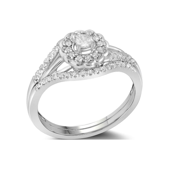 Diamond Princess 10k White Gold Round Diamond Cluster Wedding Flower Floral Bridal Ring Set 1/4 Cttw