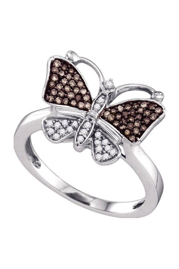 Diamond Princess 10k White Gold Womens Brown Round Diamond Cluster Butterfly Bug Ring 1/5 Cttw