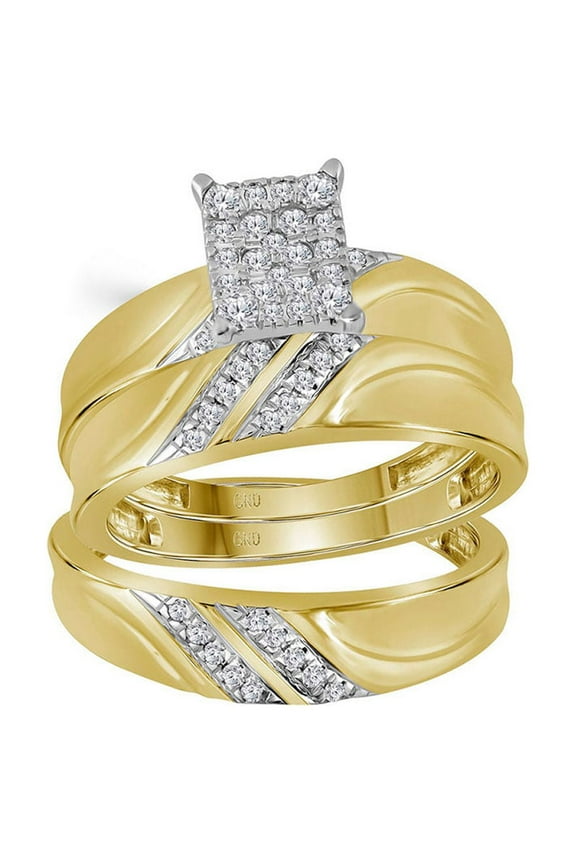 Diamond Princess 10k Yellow Gold Diamond Cluster Matching Trio His Hers Wedding Ring Band Set 1/3 Cttw