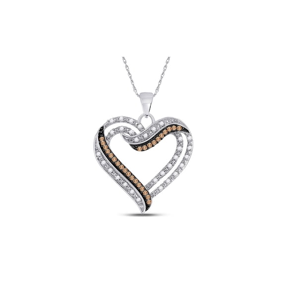 Diamond Princess 10kt White Gold Womens Round Brown Diamond Heart Pendant 1/3 Cttw