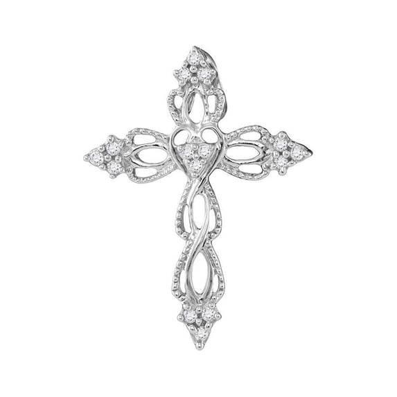 Diamond Princess 10kt White Gold Womens Round Diamond Heart Cross Religious Pendant 1/6 Cttw
