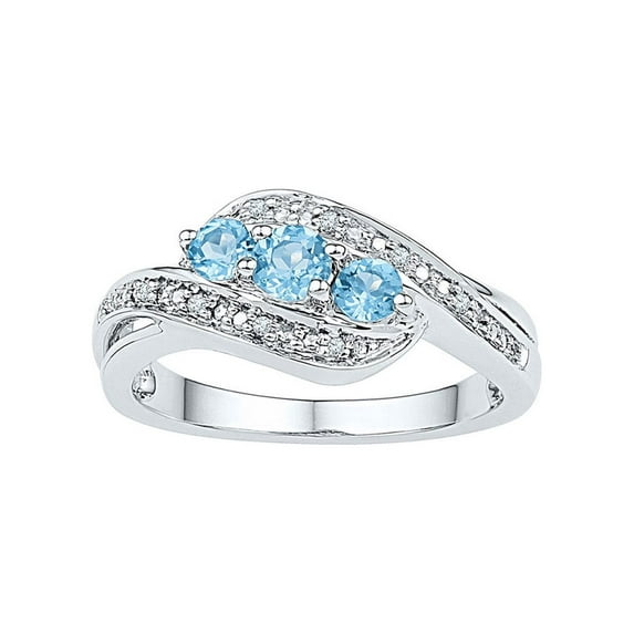 Diamond Princess 10kt White Gold Womens Round Lab-Created Blue Topaz 3-stone Diamond Ring 1/2 Cttw