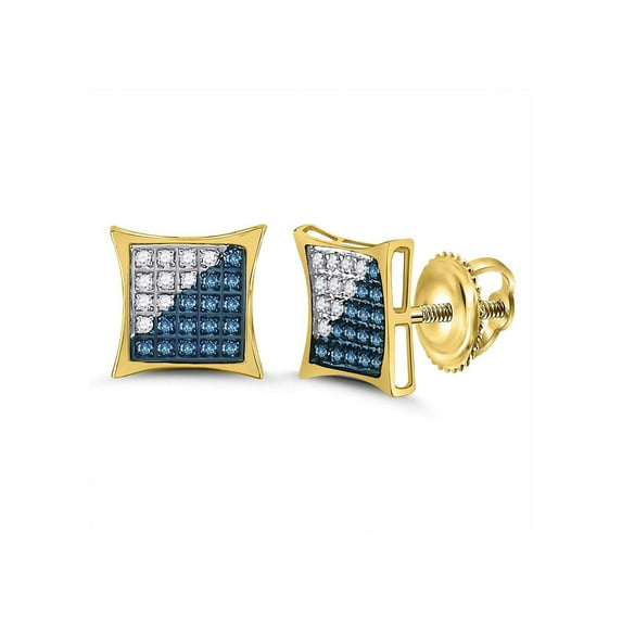 Diamond Princess 10kt Yellow Gold Mens Round Blue Color Enhanced Diamond Square Kite Cluster Earrings 1/6 Cttw