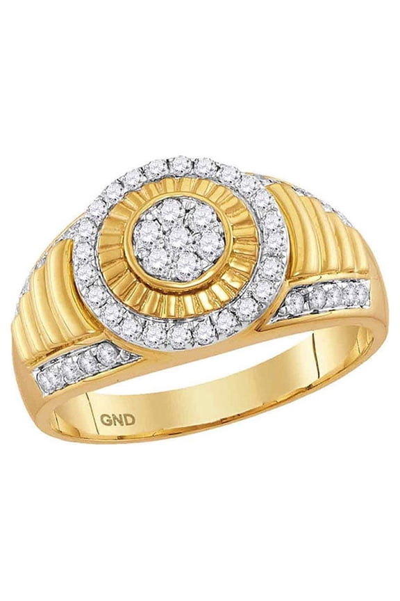 10kt Yellow Gold Mens Round Diamond Cluster Concentric Circle Ribbed Ring 3/4 Cttw