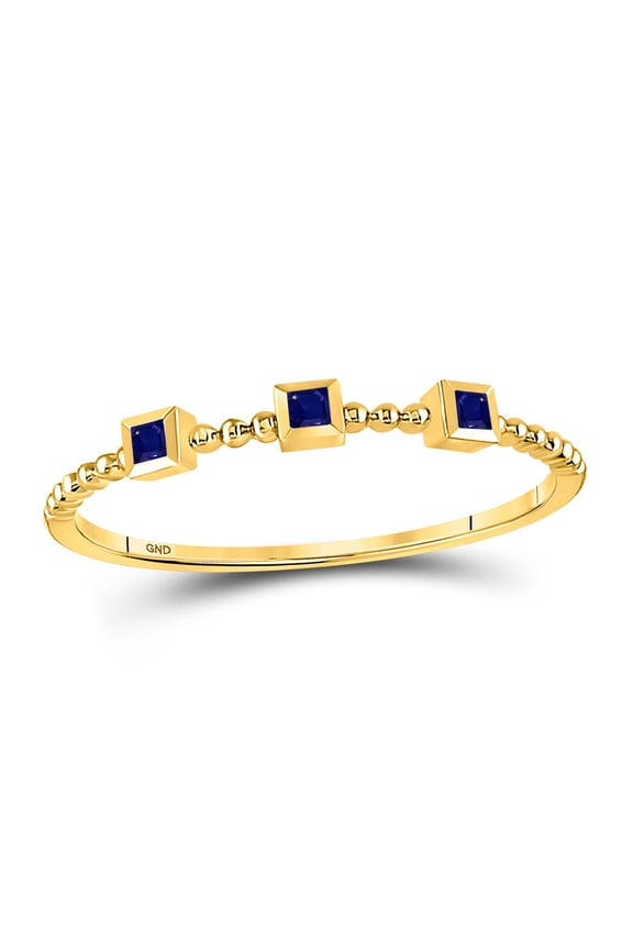 10kt Yellow Gold Womens Princess Blue Sapphire 3-Stone Beaded Stackable Band Ring 1/20 Cttw