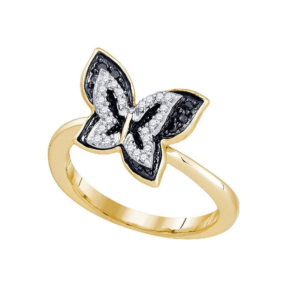 Diamond Princess 10kt Yellow Gold Womens Round Black Color Enhanced Diamond Butterfly Bug Ring 1/3 Cttw